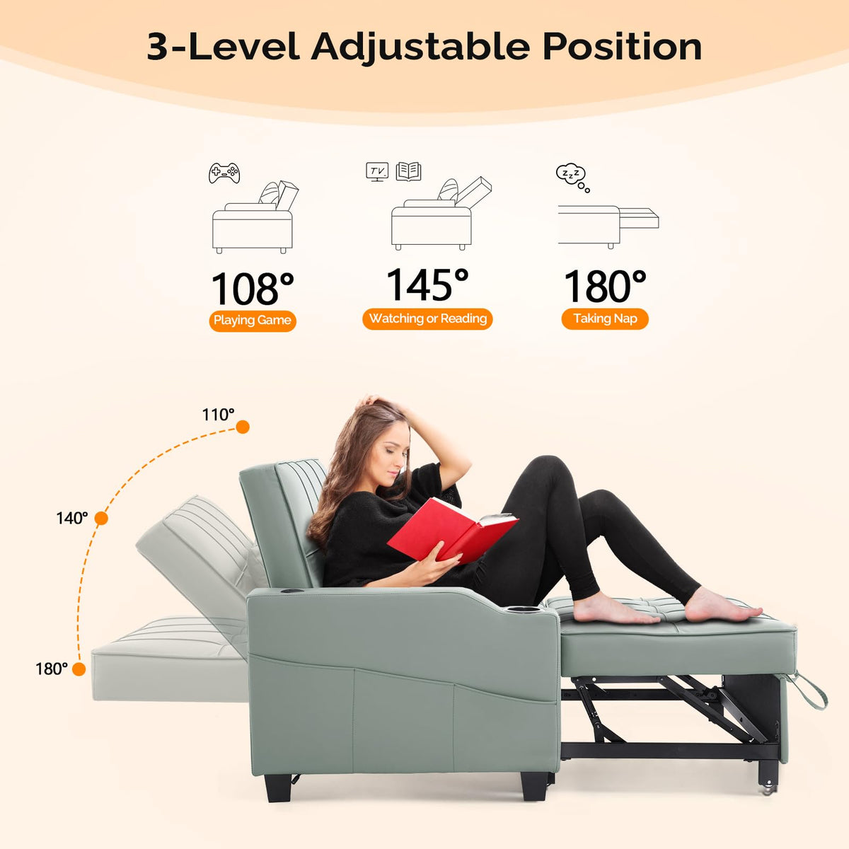 VINGLI Light Grey Futon Sofa Bed Convertible Loveseat Sleeper Couch, Faux Leather Pullout Sofa Fold Out Couch Bed with USB Ports, Cup Holders, Armrest for Living Room, Bedroom Apartment Room