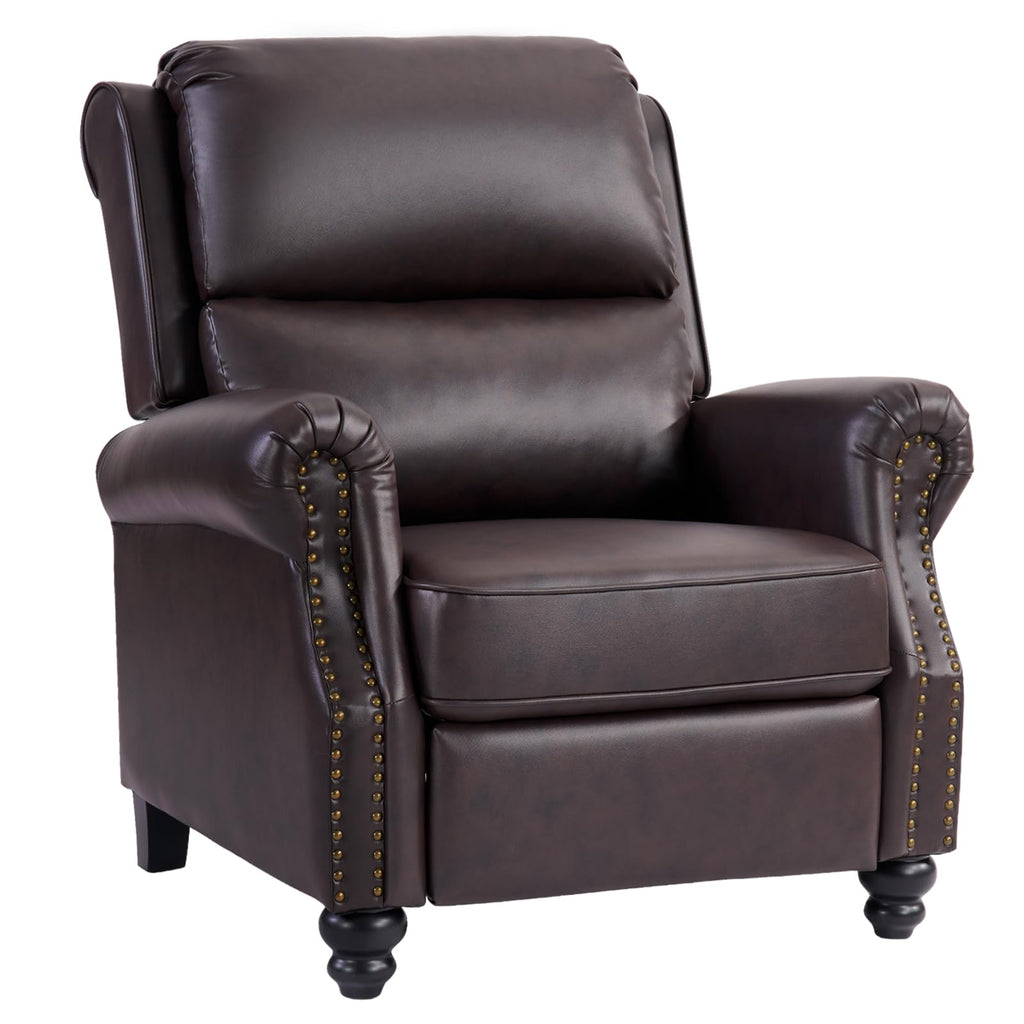 CANMOV Pushback Recliner Chair Faux Leather Armchair Push Back Recliner with Rivet Decoration Single Sofa Accent Chair for Living Room, Chocolate