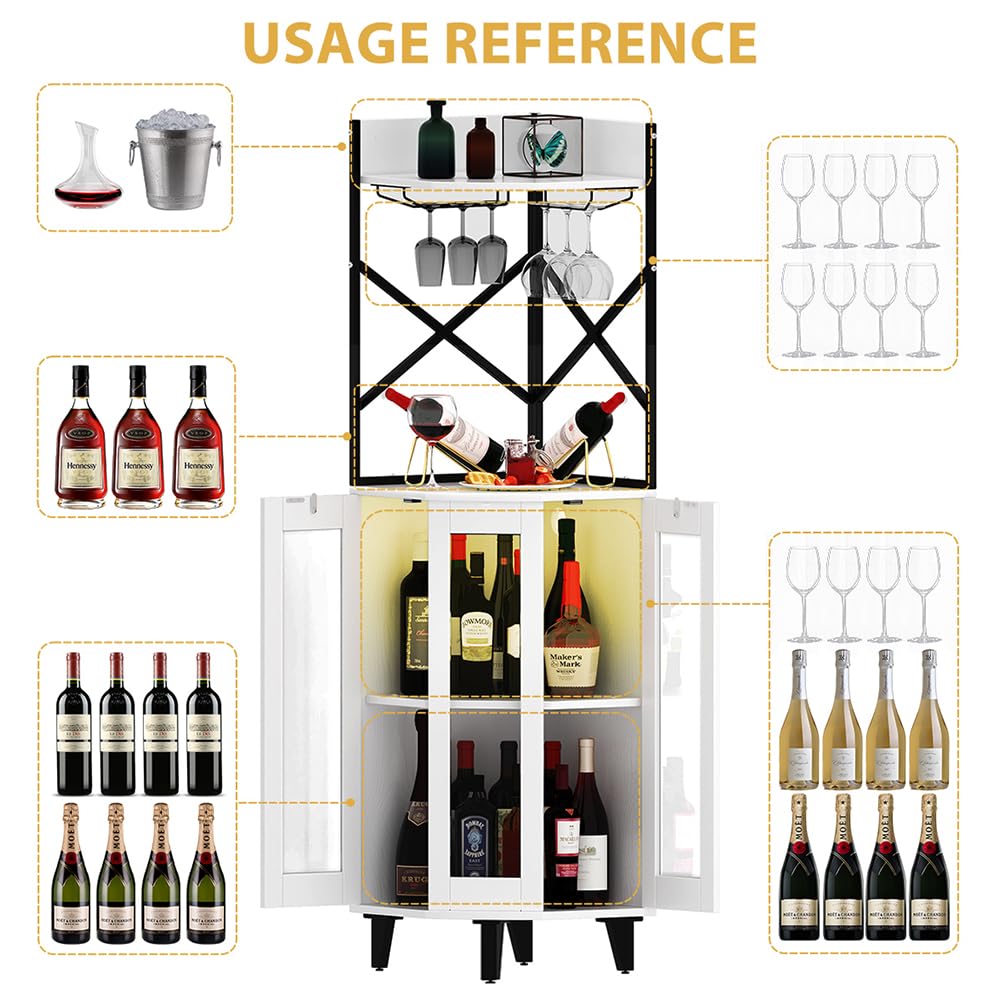 COCO DESIGN All Black Corner Wine Cabinet, Lockable Glass Door with Light