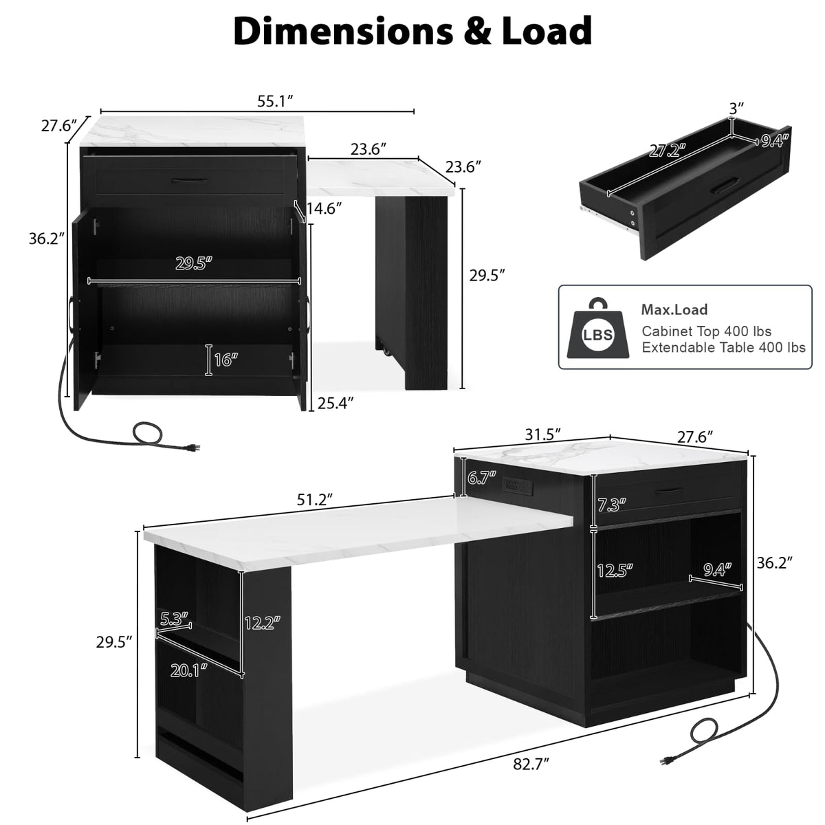 Large Kitchen Island with Extended Dining Table and Power Outlet, Rolling Kitchen Storage Cart with 3 Drawers, Kitchen Island on Wheels with Spice Rack and 2 Door Cabinet, Black