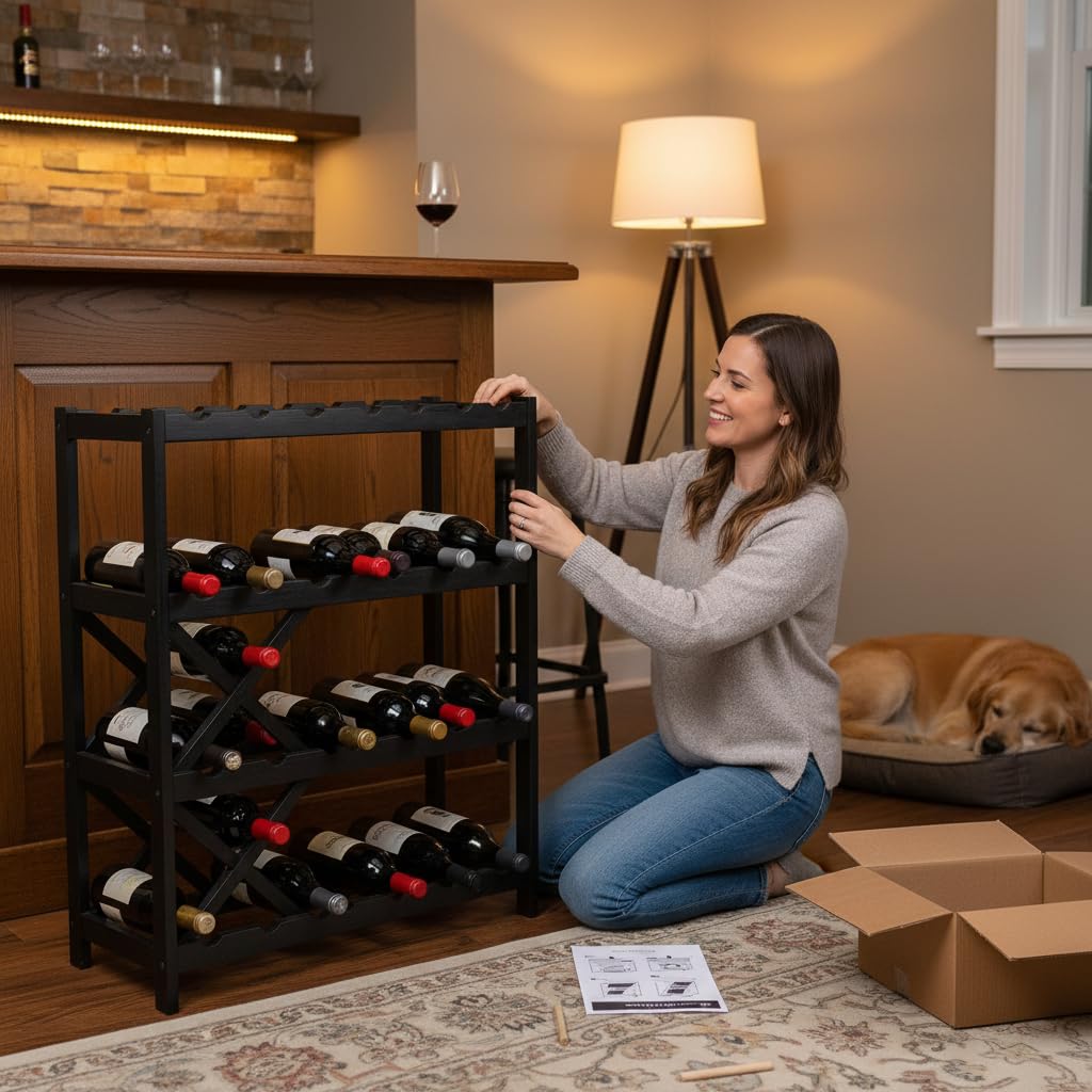 NutriChef 108 Bottle Stackable Modular Wine Rack, Upgraded 1â Thick Sideboard, .5â Rack Sticks, Sturdy Wobble Free Natural Bamboo Construction, Protective Moisture Resistant Finish, 33.5" x 10" x 63"