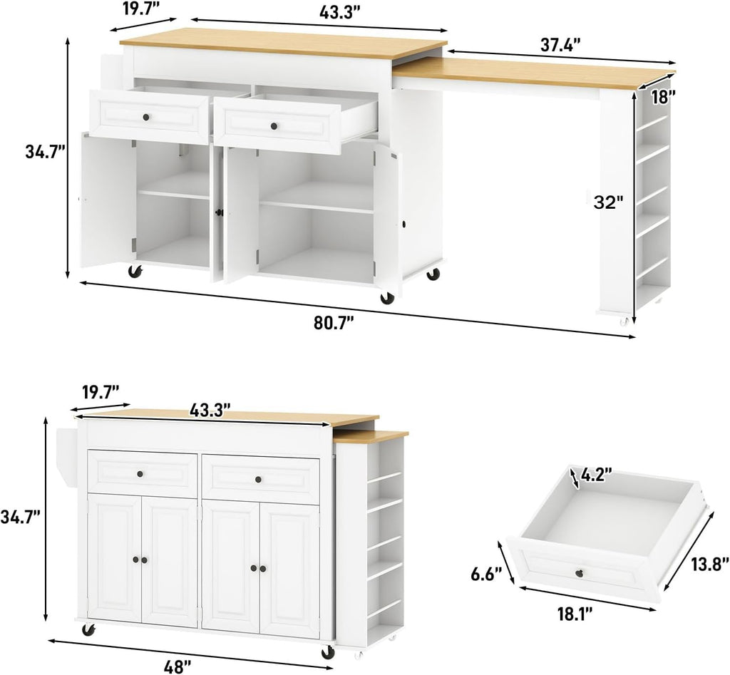 80"-48" Extendable Kitchen Island with Extended Dining Table and Power Outlet,Large Mobile Kitchen Storage Islands with 2 Storage Drawers,Rolling Islands Cart with 3 Extra Rows Open Shelves(Brown)