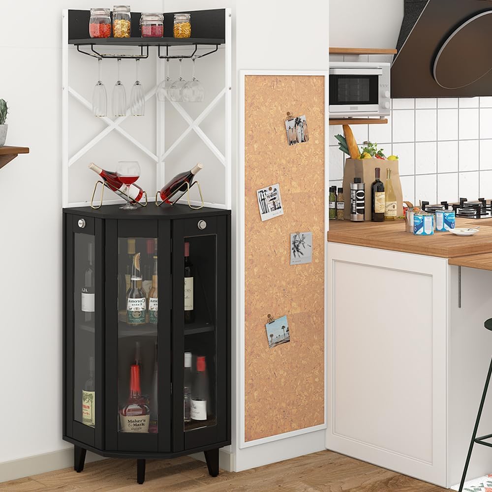 COCO DESIGN All Black Corner Wine Cabinet, Lockable Glass Door with Light
