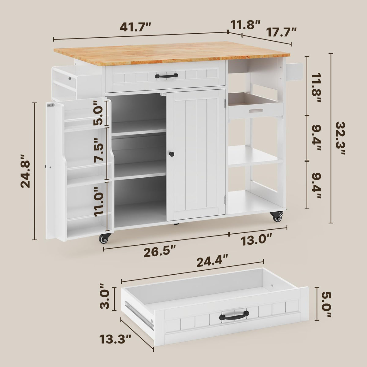 Gizoon 41.7" W Kitchen Island with Storage, Kitchen Island with Drop Leaf