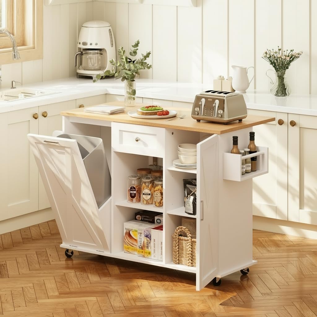 48" Modern Rolling Kitchen Island with Drop Leaf & Trash Can Storage, Mobile Island Table for Kitchen