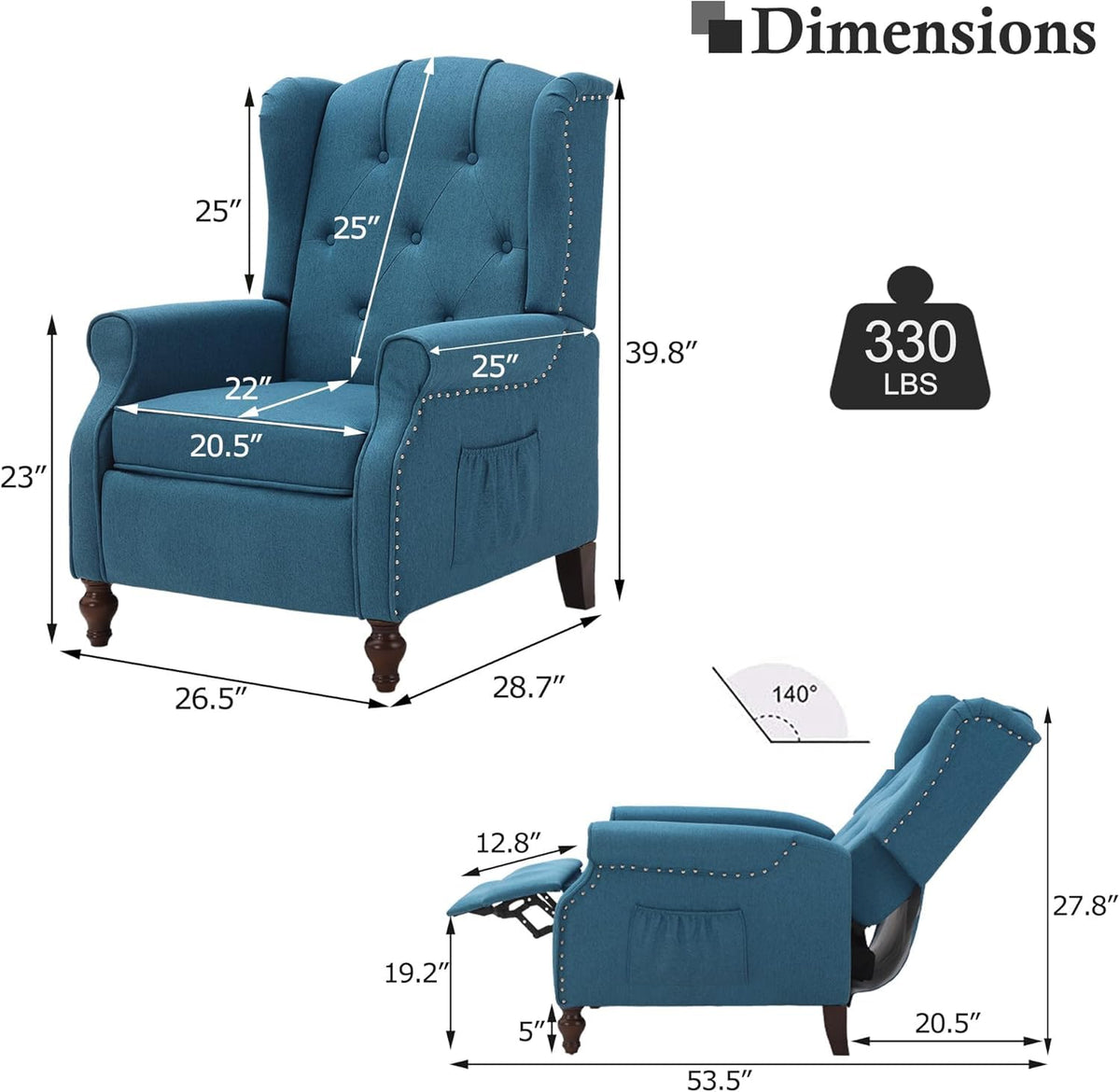 Wingback Recliner Chair - Tufted Arm Chair Recliner - Fabric Push Back Single Sofa for Living Room Adjustable Backrest (Blue Floral)