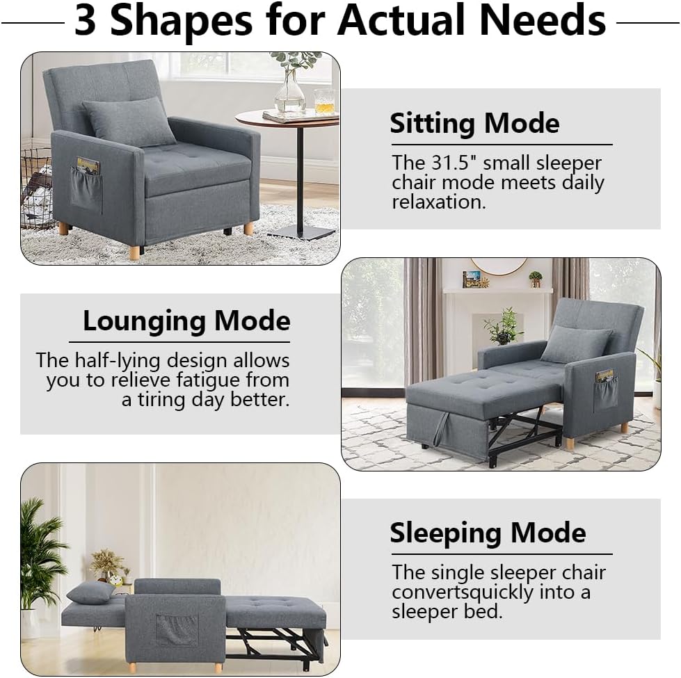 Sleeper Chair,Convertible Sleeper Sofa Chair,Pull Out Sleeper Chair with Adjustable Backrest,Multi-Functiona Lounge Chair for Living Room(Gray)
