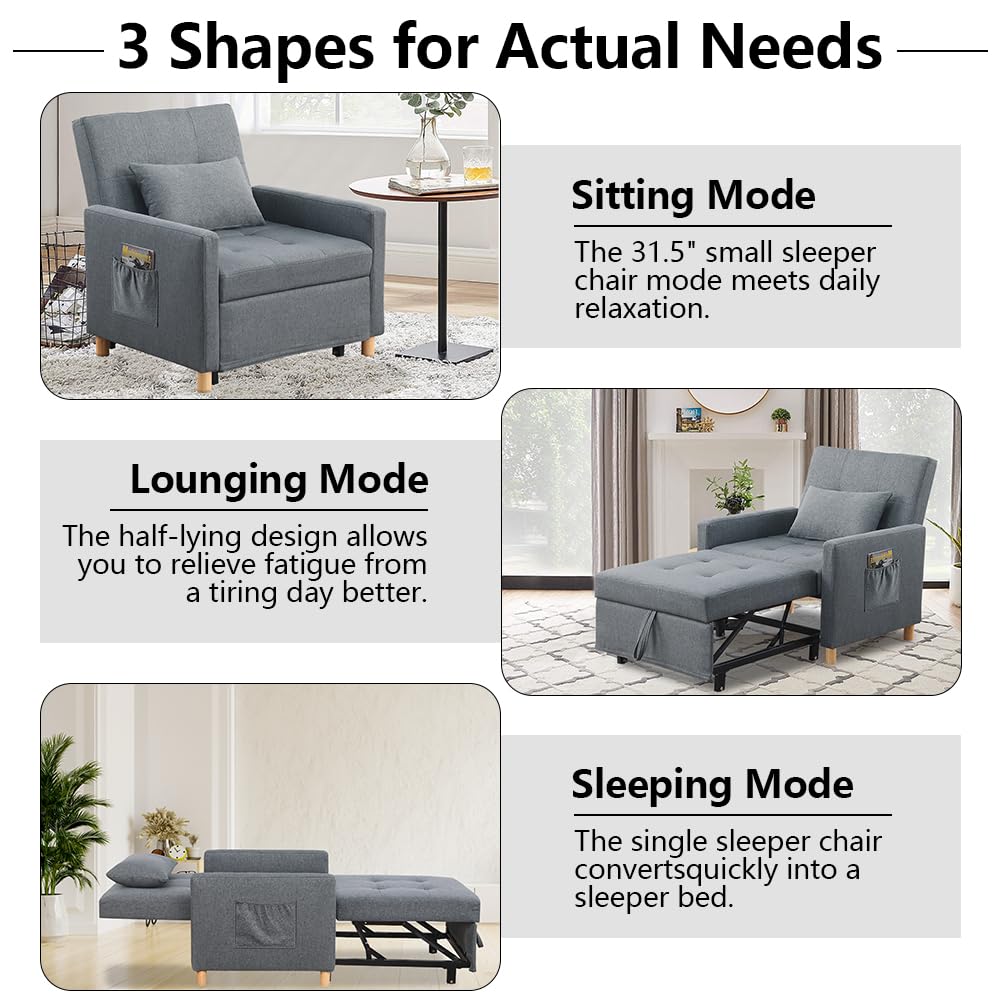 Sleeper Chair,Convertible Sleeper Sofa Chair,Pull Out Sleeper Chair with Adjustable Backrest,Multi-Functiona Lounge Chair for Living Room(Gray)