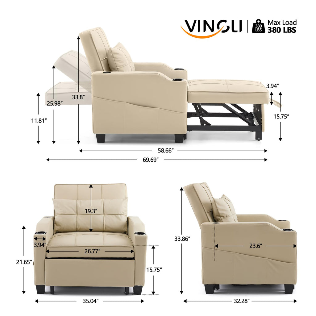 VINGLI Convertible Sleeper Chair Bed, Pull Out Sofa Couch for Living Room