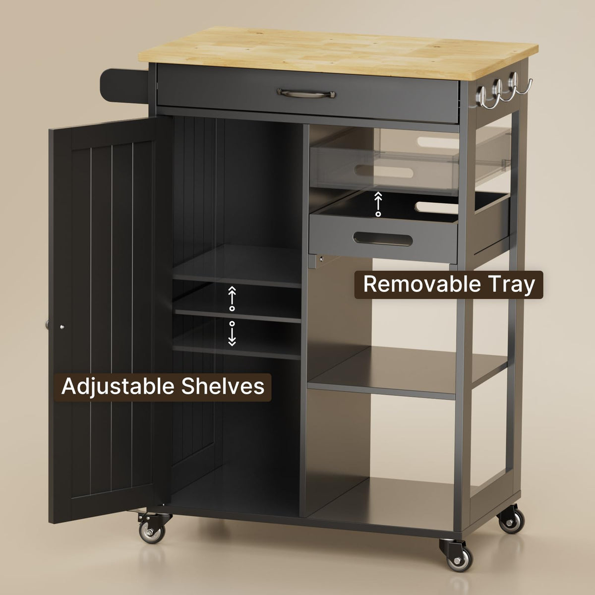 Gizoon Kitchen Island Cart with Storage Cabinet & Removable Tray