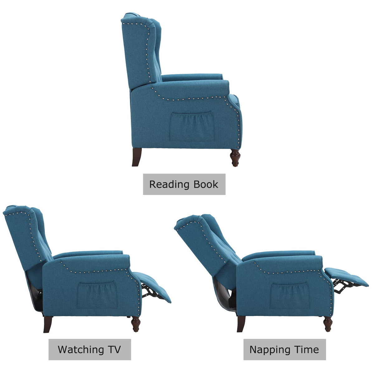 Wingback Recliner Chair - Tufted Arm Chair Recliner - Fabric Push Back Single Sofa for Living Room Adjustable Backrest (Blue Floral)