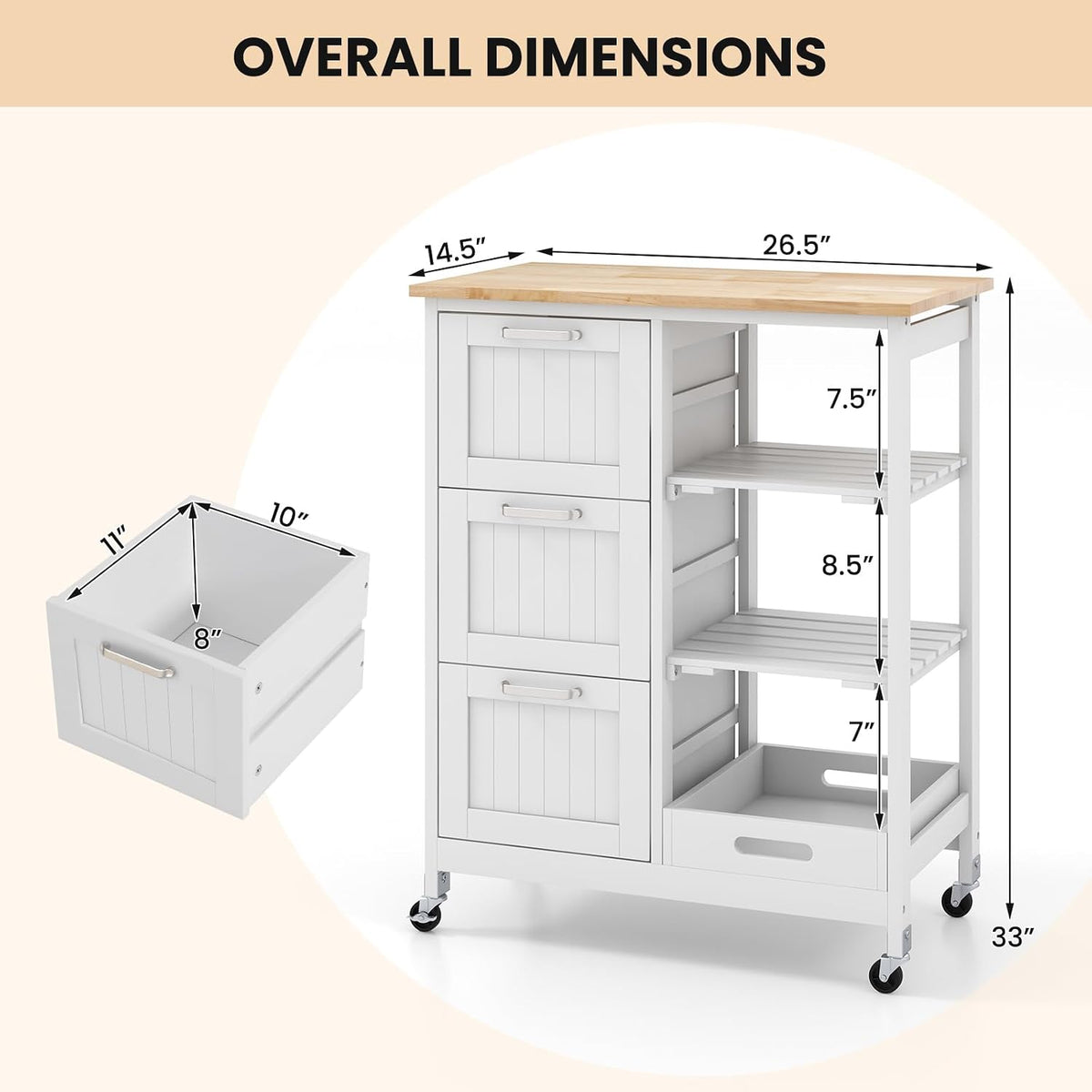 Small Kitchen Island, Kitchen Utility Cart on Wheels, Serving Cart with Drawers, Shelves, Tray, Rubber Wood Tabletop, Kitchen Rolling Cart with Storage for Dining Room, Bar (White)