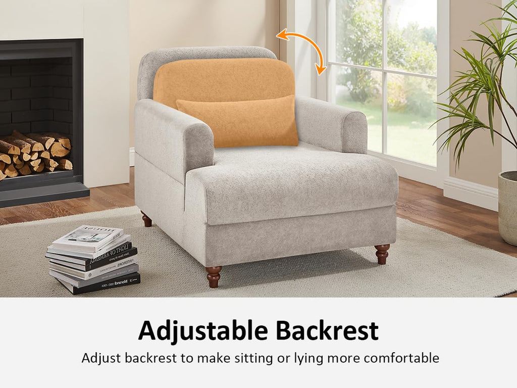 Oversized Chaise Lounge Chair with Adjustable Backrest, Polyester White