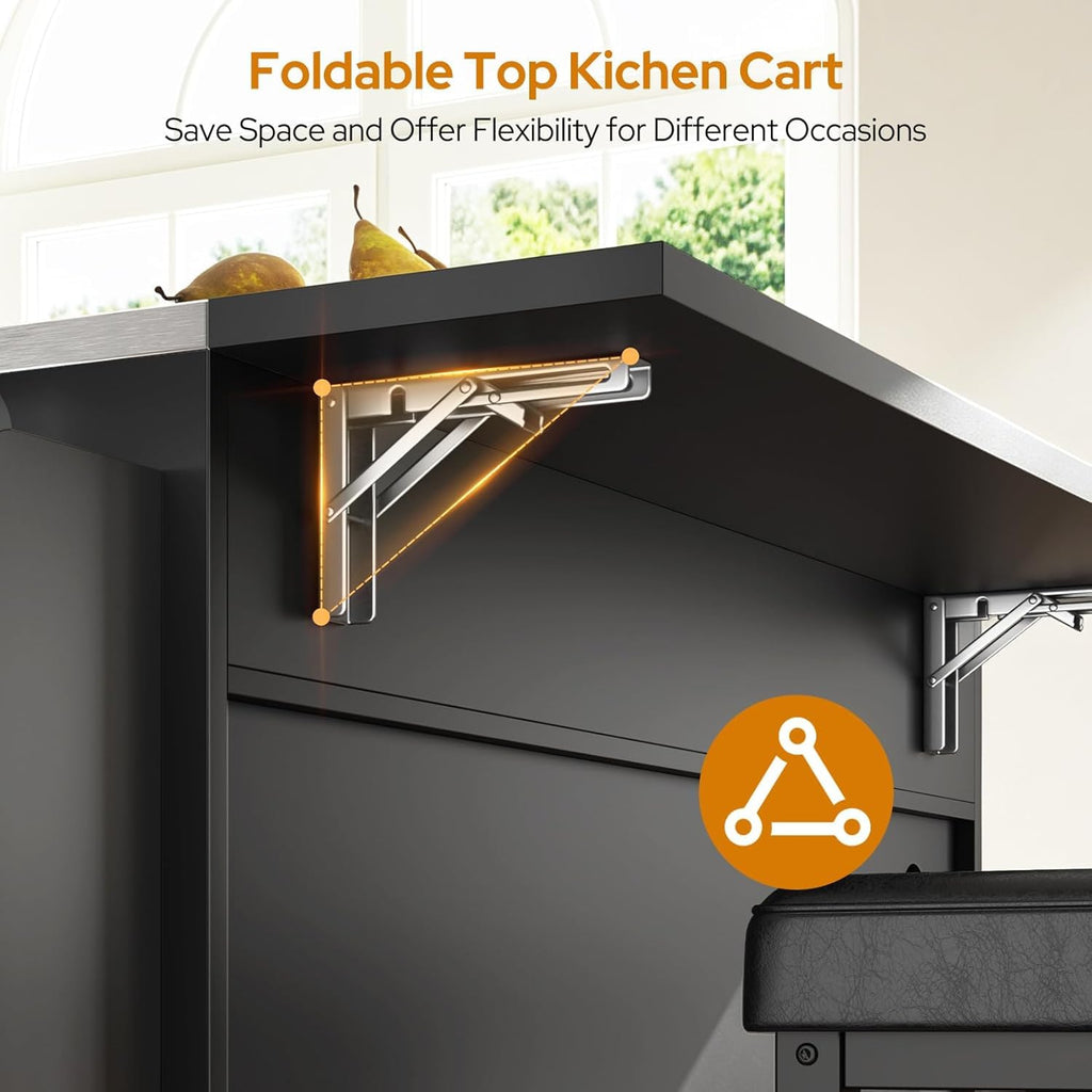 Concho 56" Kitchen Island with Seating Stainless Steel Countertop Black