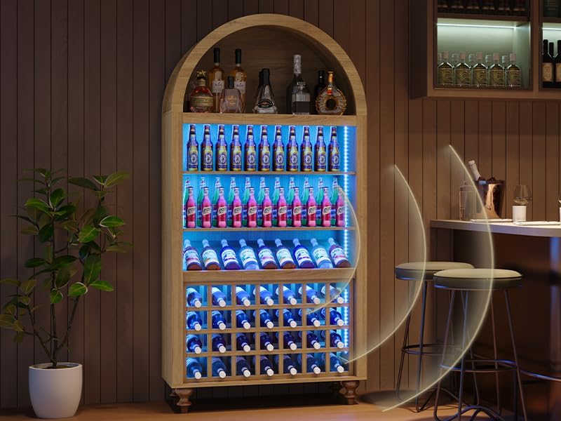 71" Tall Arched Wine Bar Cabinet with Wine Racks & Glass Holder, Wide Liquor Cabinets with LED Lights & Charing Ports, Kitchen Pantry Cupboard, Coffee Bar Storage Cabinet for Home, Dining Room (Oak)