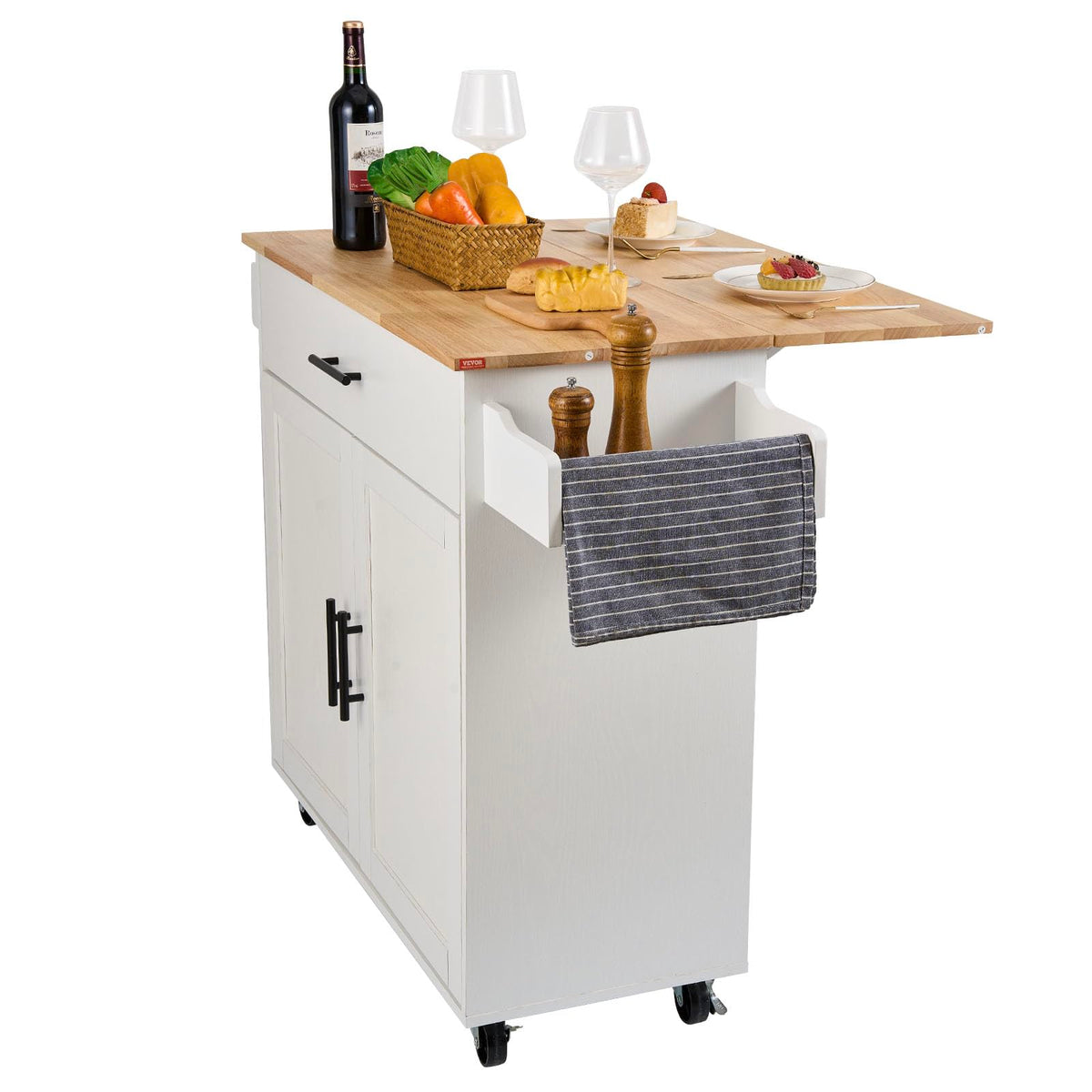 VEVOR Kitchen Island Cart with Storage, 47.64 in Wide Mobile Rolling Storage Island on Swivel Wheels, with 2 Drawers, Storage Cabinet, Drop Leaf, Towel Rack, Table for Home Dining Room, White