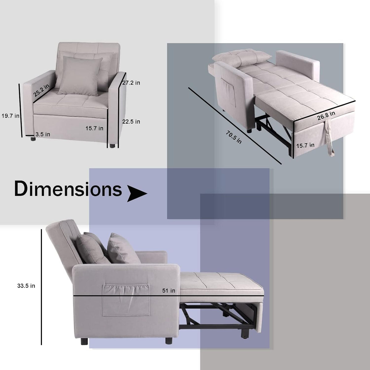 Polar Aurora Sofa Bed Chair 3-in-1 Convertible Chair Bed, Lounger Sleeper Chair, Single Recliner for Small Space with Adjustable Backrest (Light Grey)