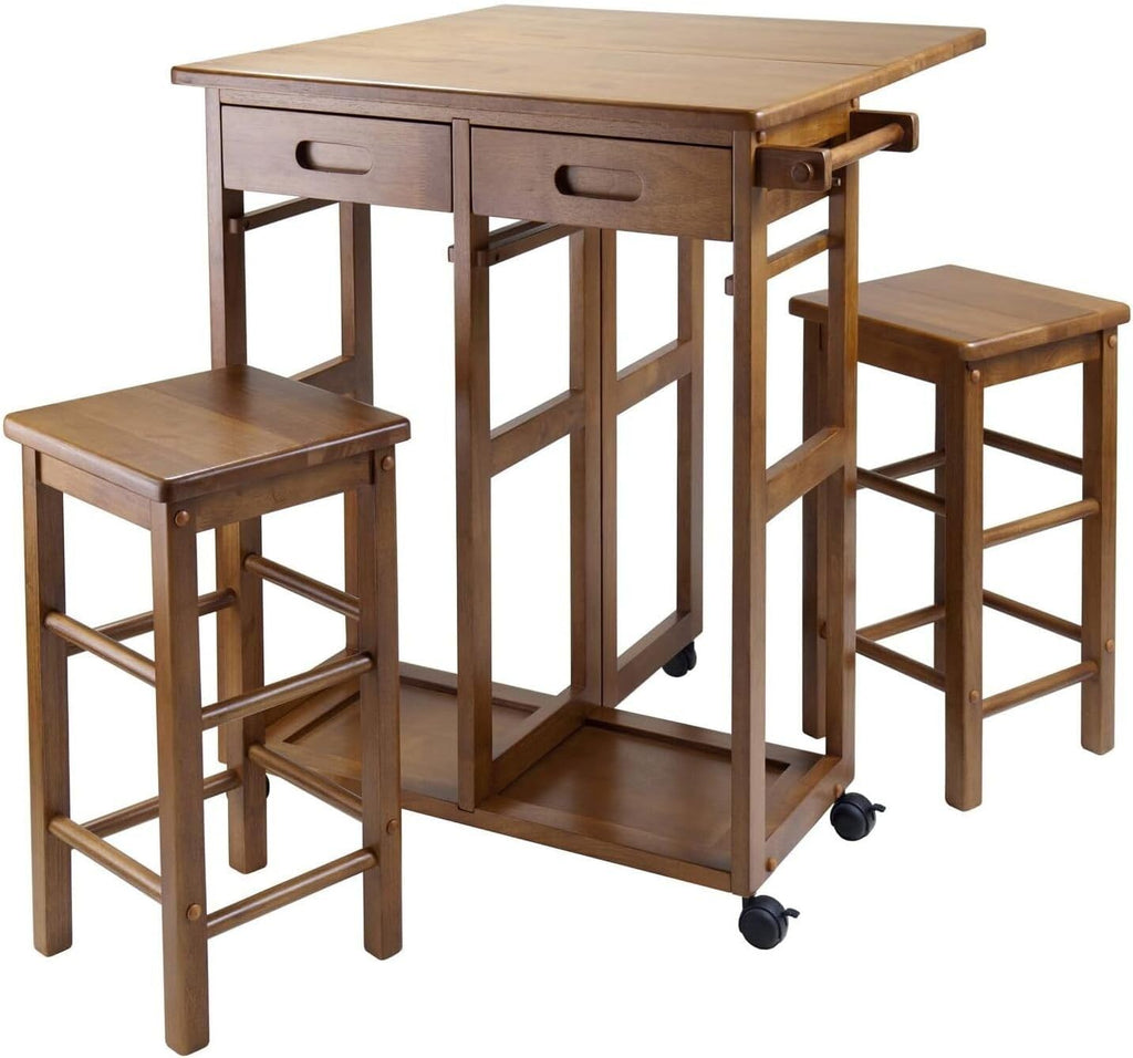 HomeStock Rolling Kitchen Cart with 2 Stools - Drop Leaf Table for Small Spaces