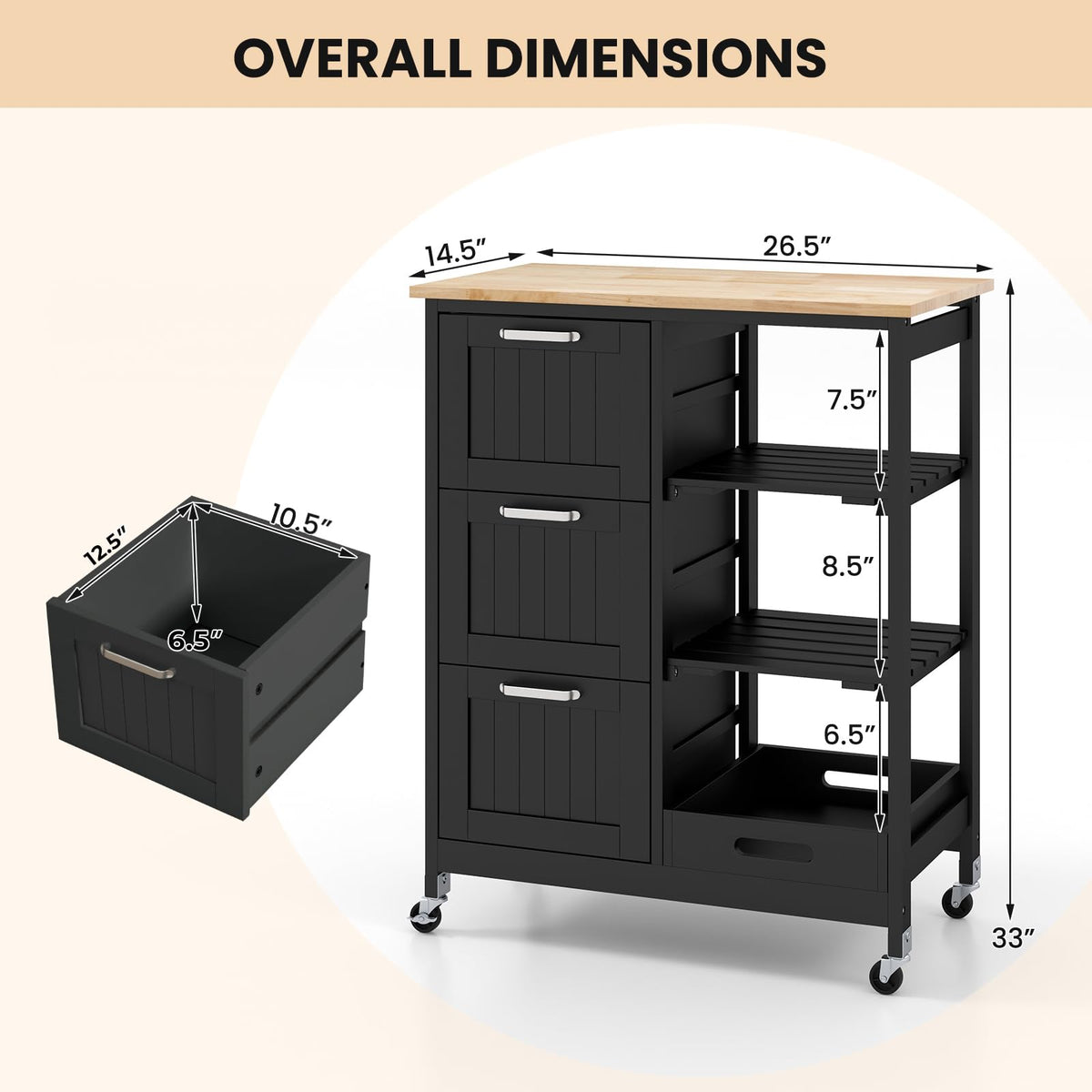 GIANTEX Kitchen Island Cart on Wheels, Rolling Utility Cart w/Rubber Wood Top, 3 Storage Drawers & 2 Removable Shelves & Removable Tray, Lockable Casters, Serving Cart for Dining Room, Bar, White