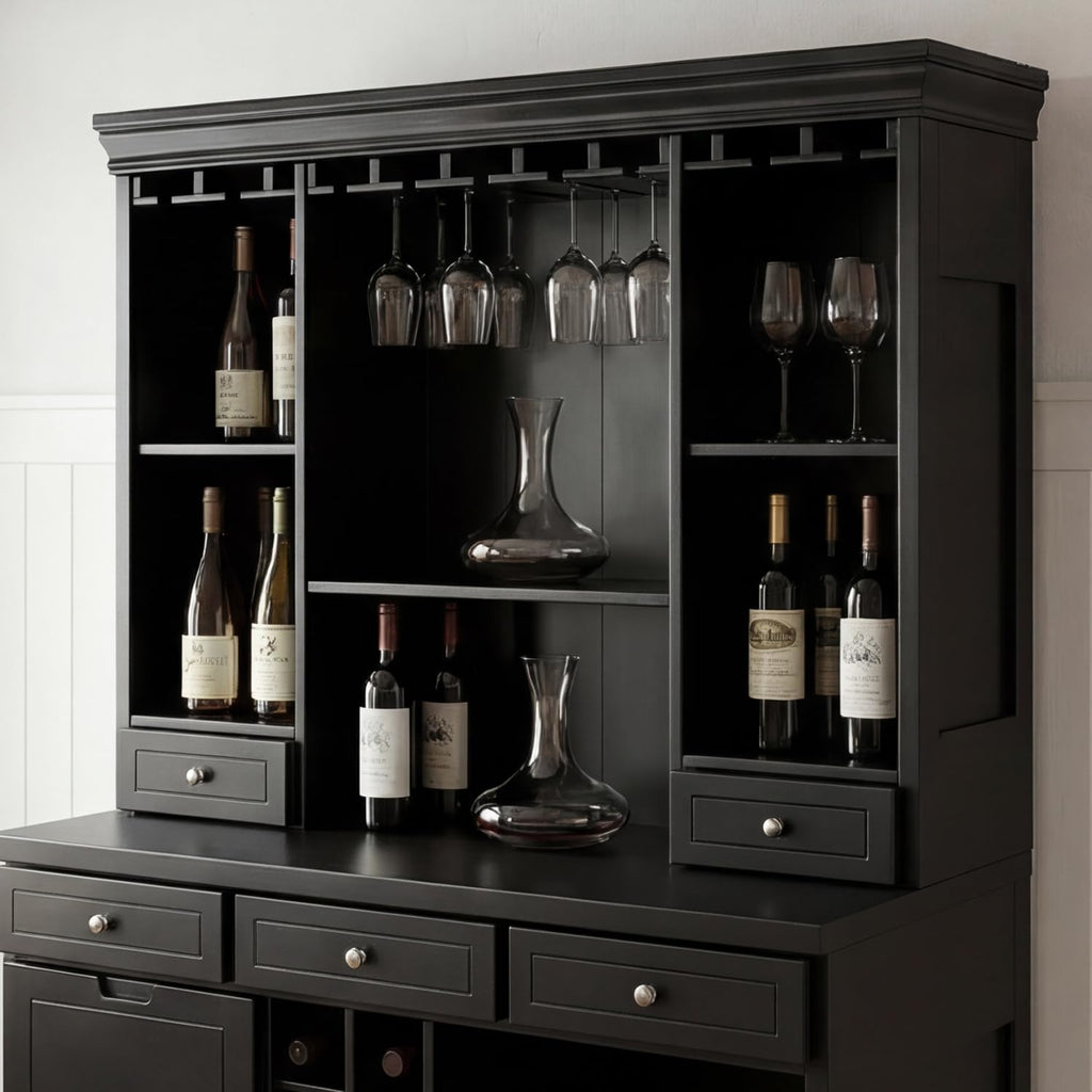 Coffee Bar Cabinet with Mini Fridge Space, 77.5" Tall Liquor Cabinet with Hutch, Glass Holder & Wine Rack, Modern Home Bar Storage with 9 Drawers for Kitchen Dining, Black