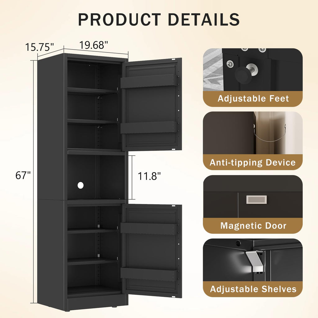 67" Tall Metal Pantry Cabinet, Narrow Freestanding Storage Cabinet, Black