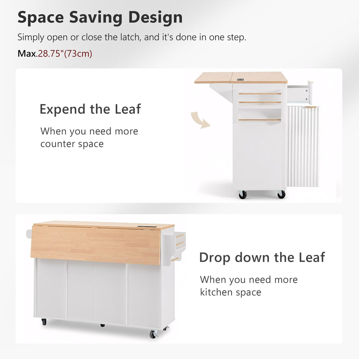 Large Fluted Kitchen Island Cart on Wheels with Storage, Natural