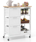 GIANTEX Kitchen Island Cart on Wheels, Rolling Utility Cart w/Rubber Wood Top, 3 Storage Drawers & 2 Removable Shelves & Removable Tray, Lockable Casters, Serving Cart for Dining Room, Bar, White