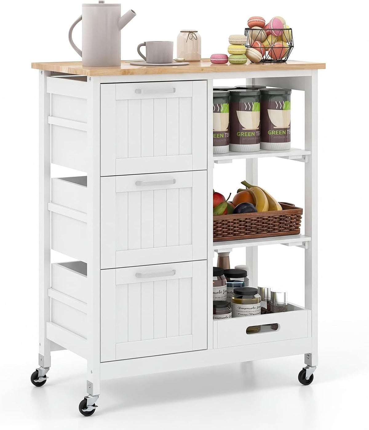 GIANTEX Kitchen Island Cart on Wheels, Rolling Utility Cart w/Rubber Wood Top, 3 Storage Drawers & 2 Removable Shelves & Removable Tray, Lockable Casters, Serving Cart for Dining Room, Bar, White