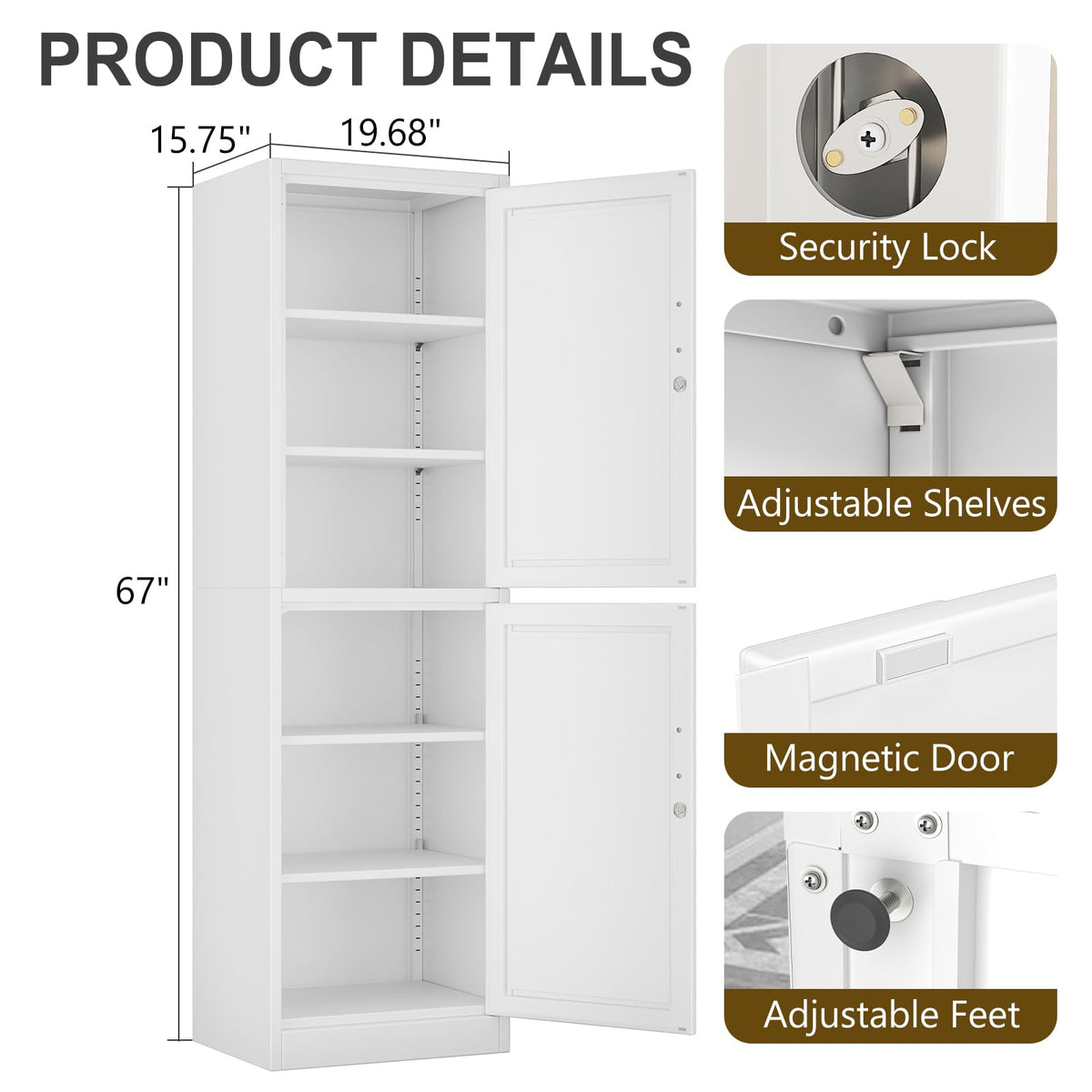 67" Tall Metal Pantry Cabinet, Narrow Freestanding Storage Cabinet, Black