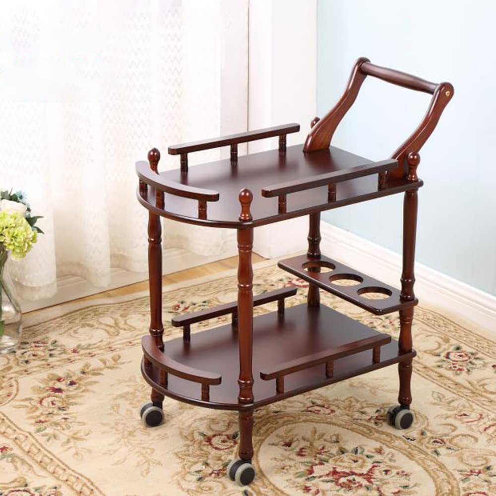 Entertainment Kitchen Cart, Midcentury Modern Imported rubberwood Brown Finished Wood 3-Tier Mobile Bar Cart Serving Cart