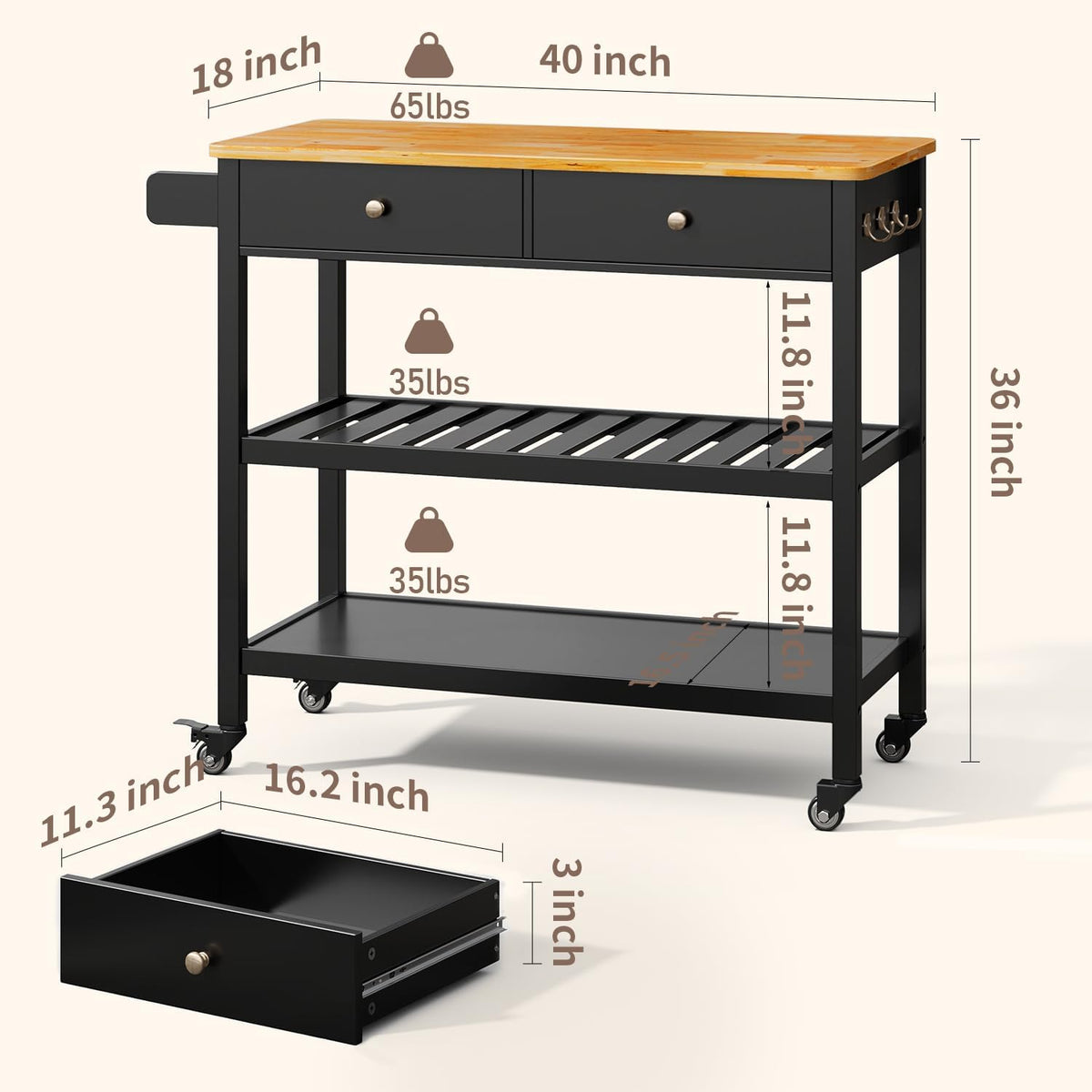 Gizoon Kitchen Island Cart with Storage and 40ââ Wooden Top, Black