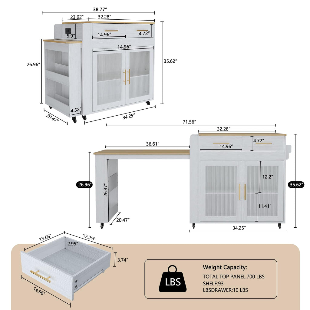 HLR 72" Extendable Rolling Kitchen Island with Storage, Island Table on Wheels with Marble Grain Countertop & Power Outlet, Portable Island Cart with Cabinets, Drawers and Shelves, Wood