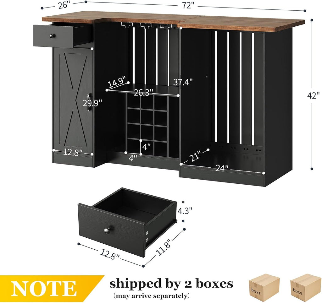 72" U-Shape Liquor Cabinet with Fridge Space, Bar Table with Wine Rack Glass Holder, Wine Bar Cabinet with Storage, Home Bar Cabinet for Man Cave Home Pub Basement Living Room, Black LRBT001B