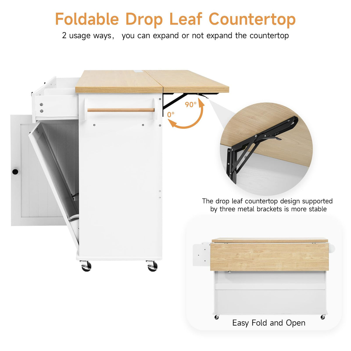 ONBRILL 60" Kitchen Island with Trash Can Storage, Rolling Island Table