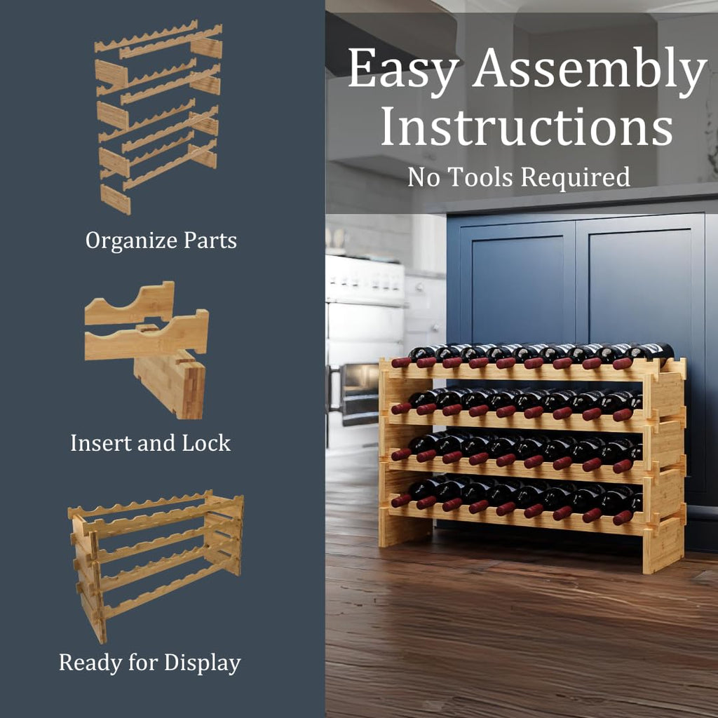 72 Bottle Bamboo Stackable Freestanding Wine Rack, No Tools Assembly, Durable, Wine and Liquor Bottle Storage for Small Spaces