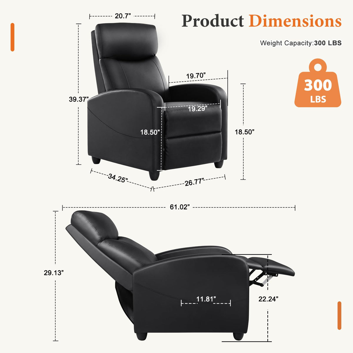 OLIXIS Recliner Chair, Reclining Sofa Chair with 3 Adjustable Angles