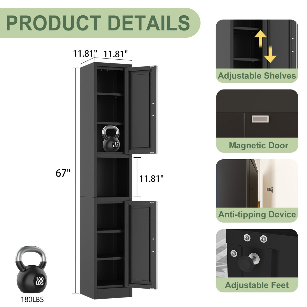67" Tall Metal Pantry Cabinet, Narrow Freestanding Storage Cabinet, Black