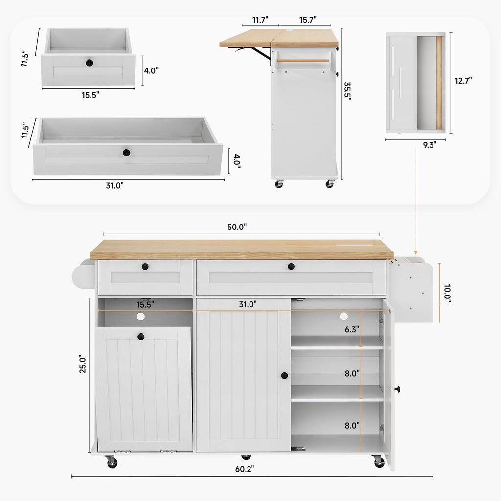ComfyCorner 60" Rolling Large Kitchen Island on Wheels with Extendable Table, Drop Leaf & Power Outlet, Mobile Kitchen Cart with Storage Cabinet, 2 Drawers, Spice Rack, Towel & Knife Holder, Green