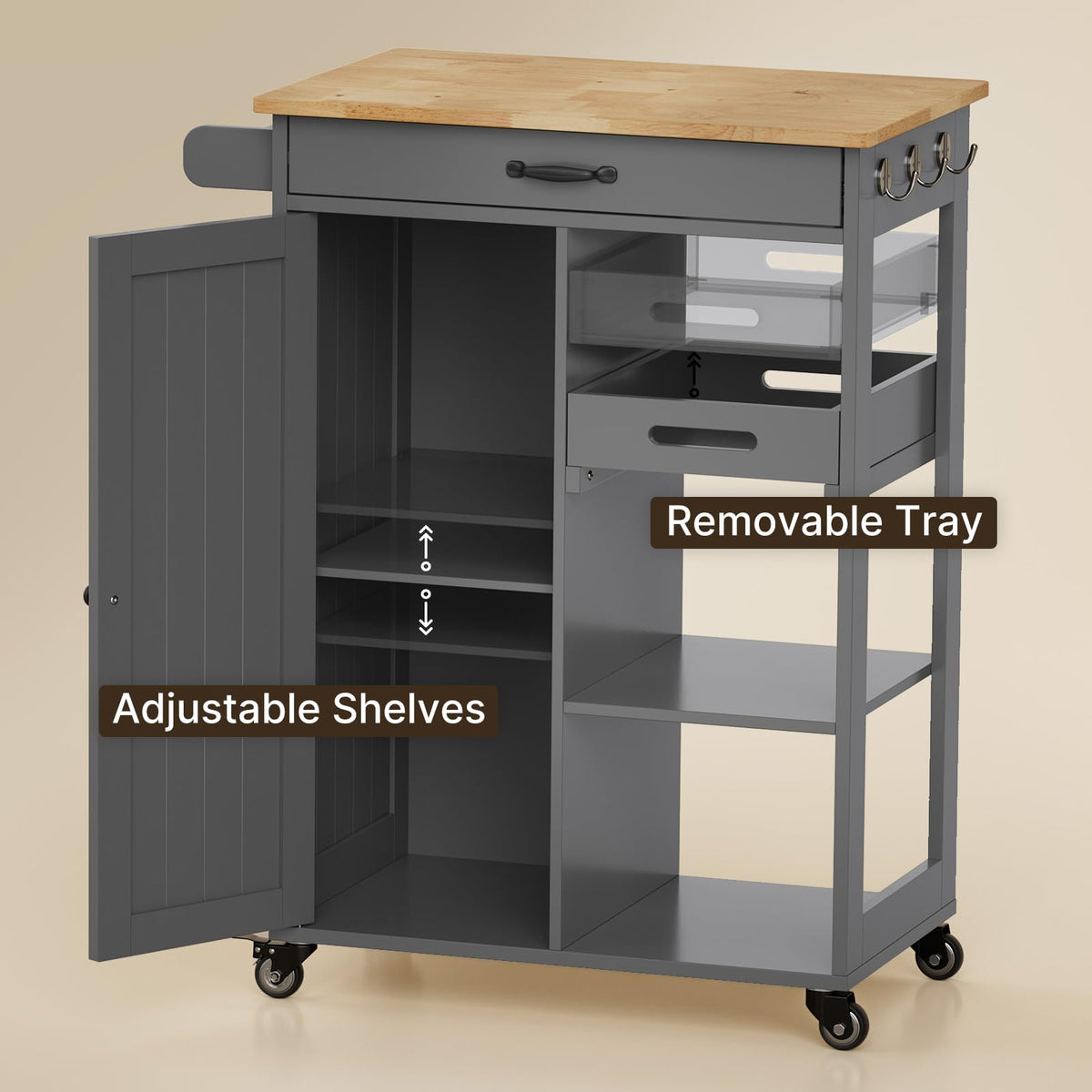 Gizoon Kitchen Island Cart with Storage Cabinet & Removable Tray