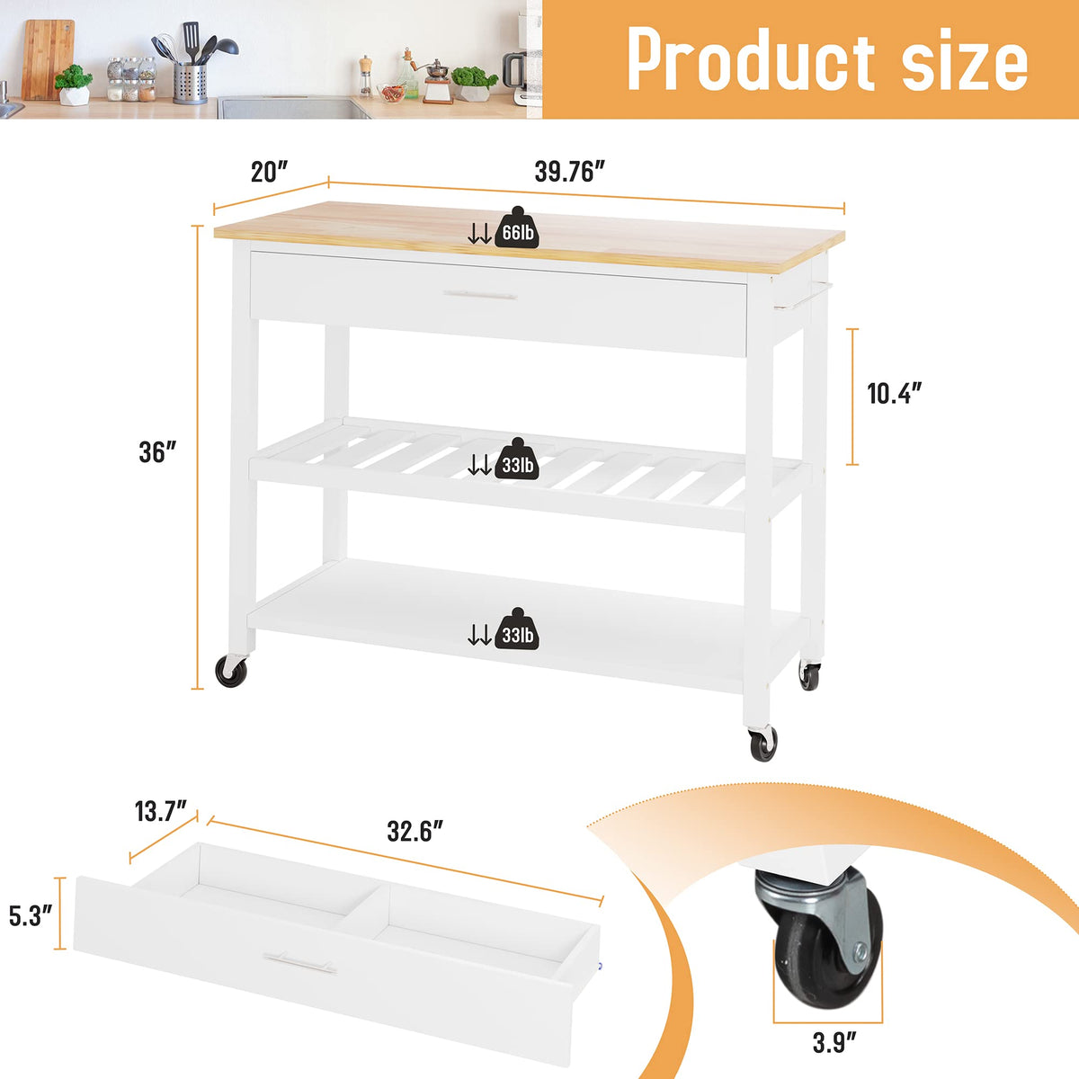 JY QAQA 40" Kitchen Island Cart Furniture cart on Wheels Rolling Portable Dining Room Serving Utility Carts Mobile Movable with Drawers Cabinet,Black