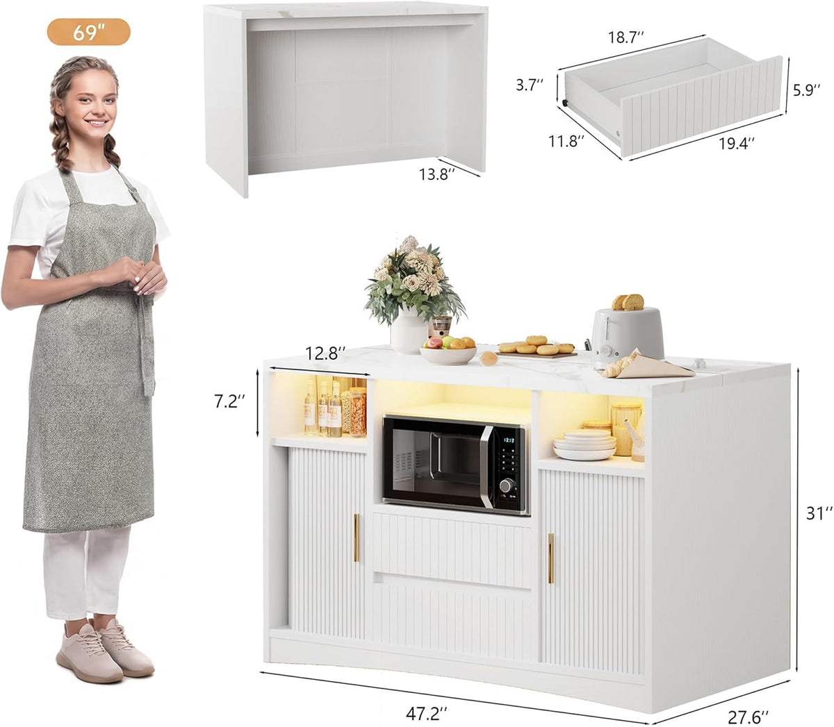 Kitchen Island with Power Outlet & LED Lights, 47" Rolling Island