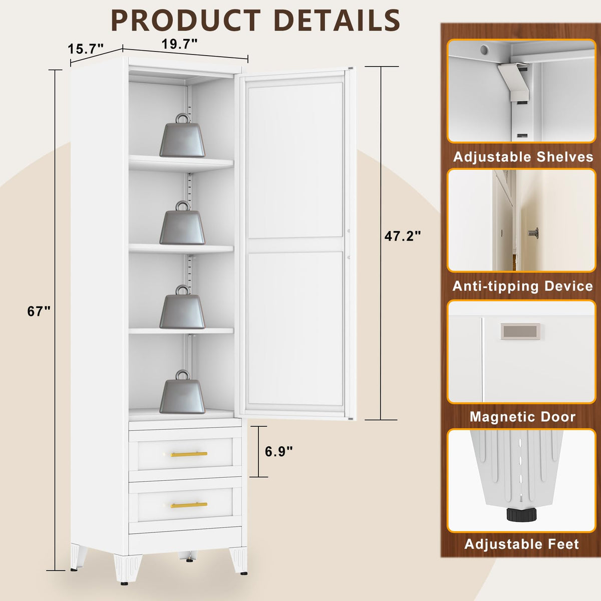 67" Tall Metal Pantry Cabinet, Narrow Freestanding Storage Cabinet, Black