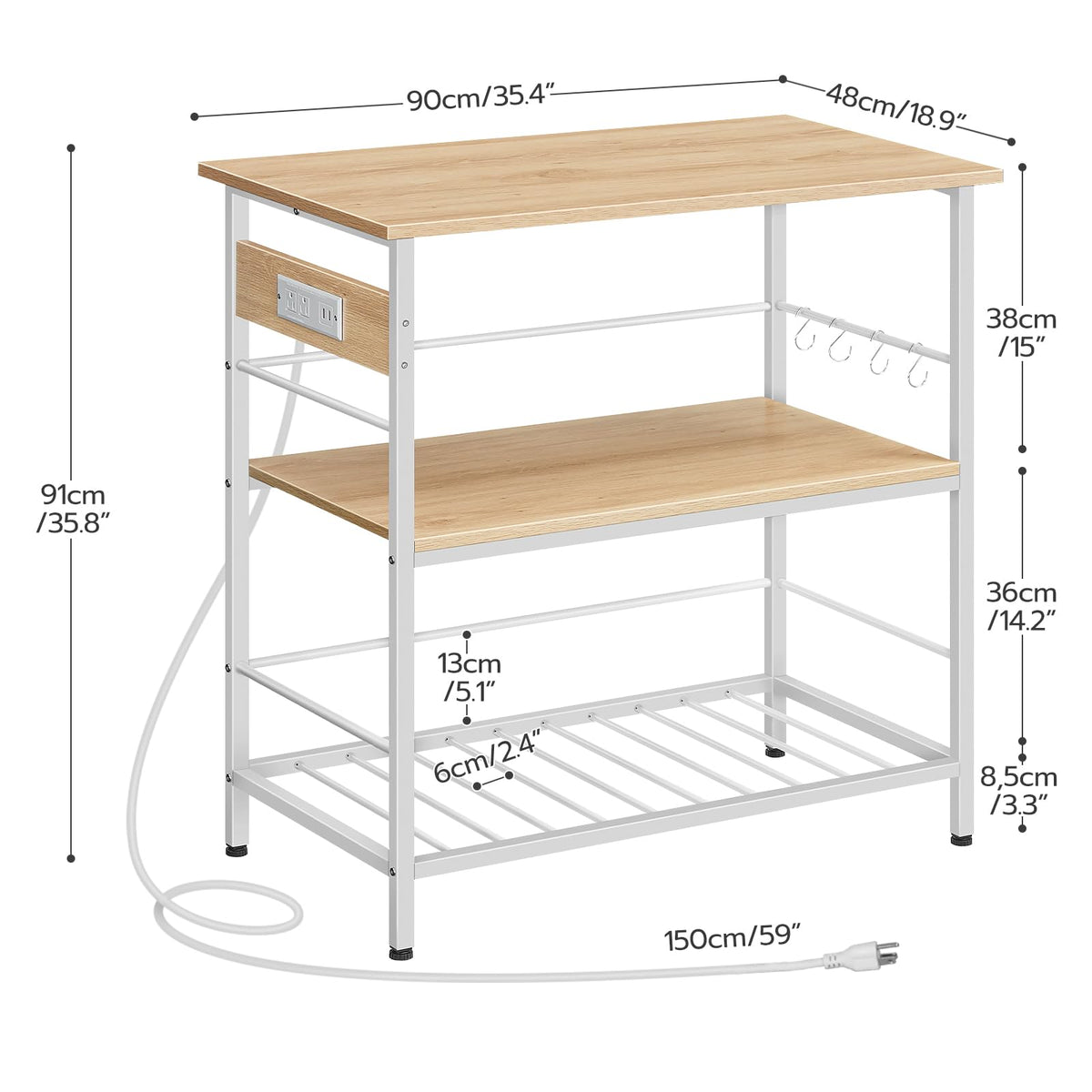 HOOBRO Kitchen Island with Storage, Kitchen Island Table with Power Outlet, 47.2" L 3 Tier Kitchen Counter and Microwave Stand, for Home, Kitchen and Dining Room, Rustic Brown and Black BF120UZD01