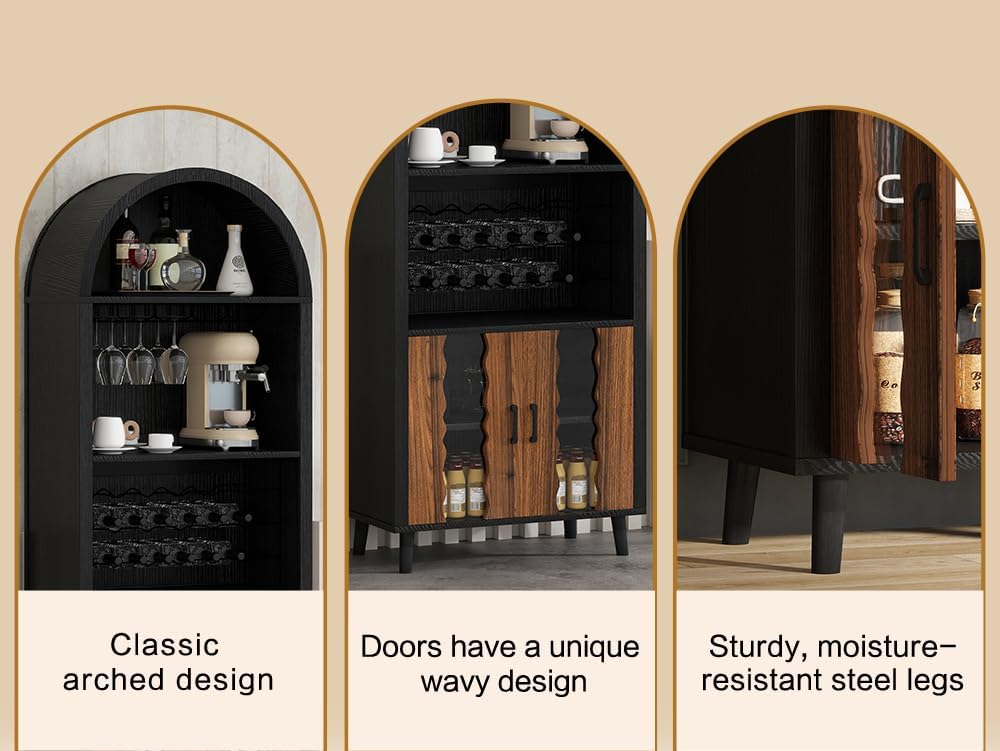 NicBex 71" Farmhouse Arched Bar Cabinet with Wine Rack, Black Wine Cabinet