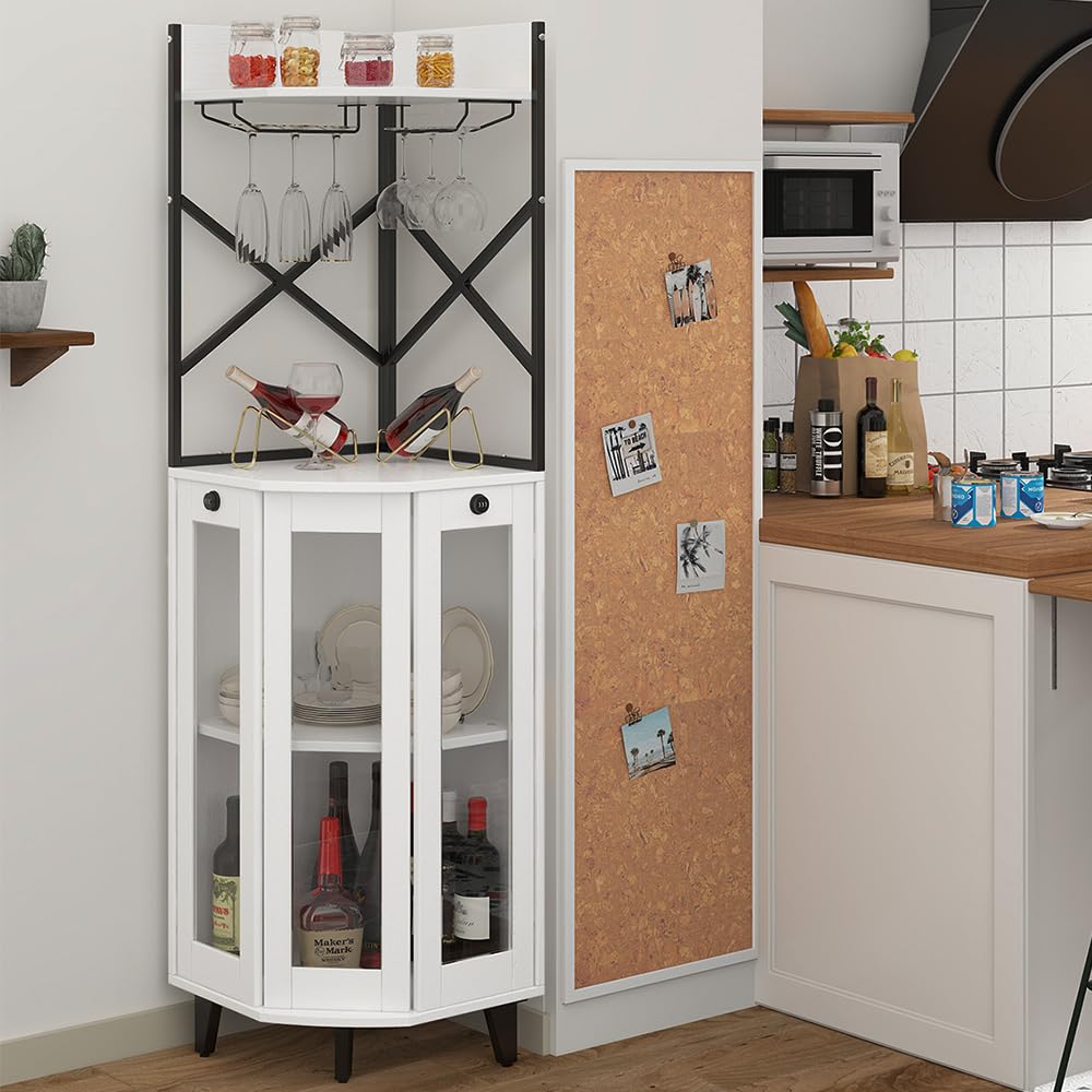 COCO DESIGN All Black Corner Wine Cabinet, Lockable Glass Door with Light