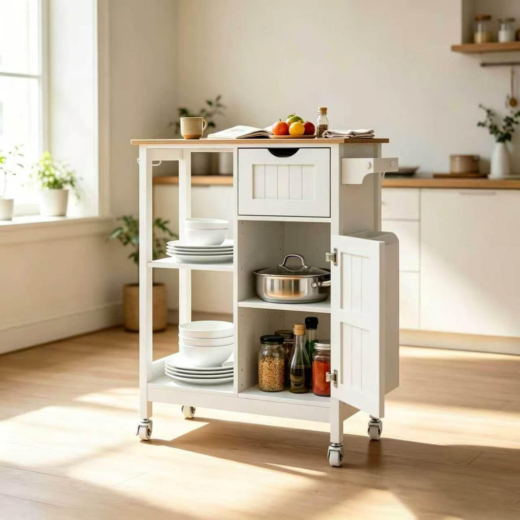 Kitchen Island Cart with Storage Cabinet, Rolling Kitchen Island on Wheels with Drawer, Spice Rack and Towel Rack, Mobile Kitchen Cart with Adjustable Shelf for Dining Room Apartment, White