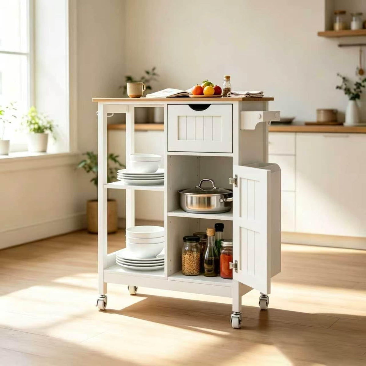 Kitchen Island Cart with Storage Cabinet, Rolling Kitchen Island on Wheels with Drawer, Spice Rack and Towel Rack, Mobile Kitchen Cart with Adjustable Shelf for Dining Room Apartment, White