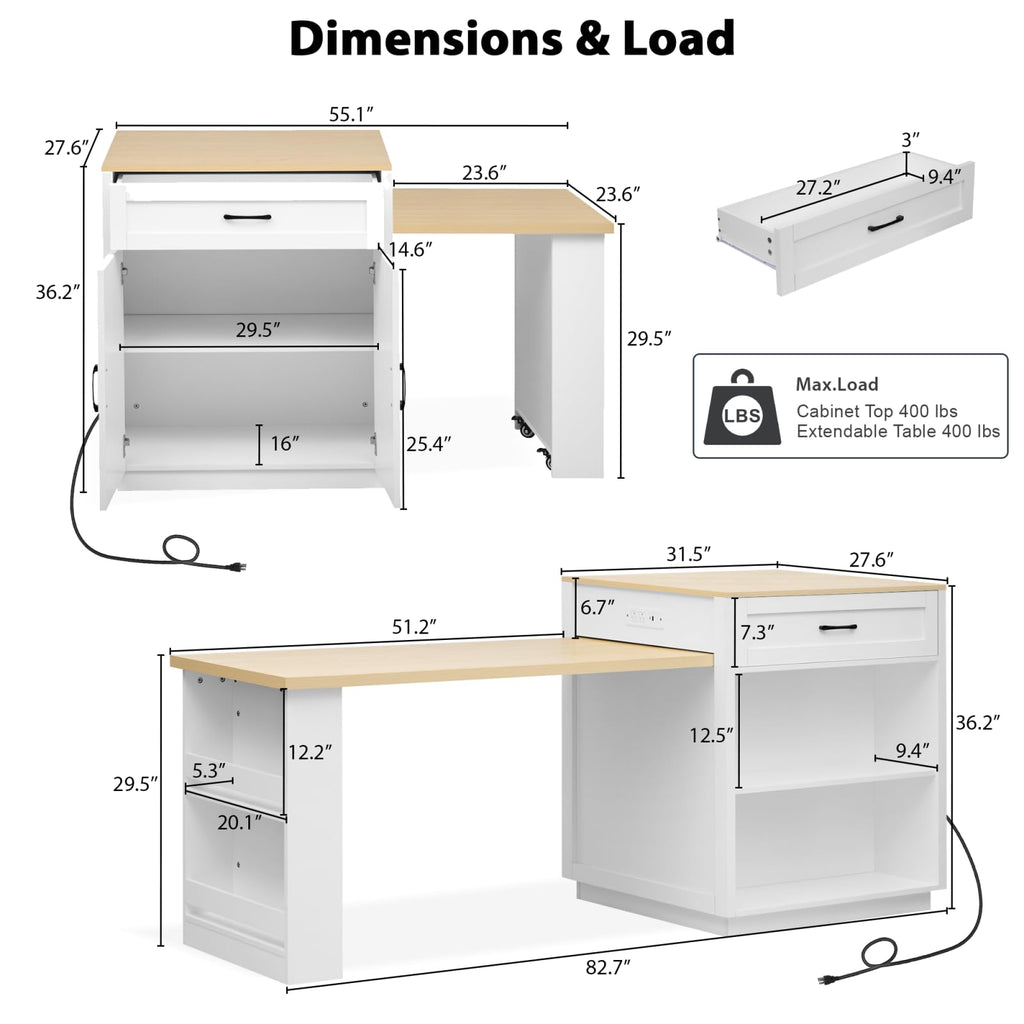 Large Kitchen Island with Extended Dining Table and Power Outlet, Rolling Kitchen Storage Cart with 3 Drawers, Kitchen Island on Wheels with Spice Rack and 2 Door Cabinet, Black