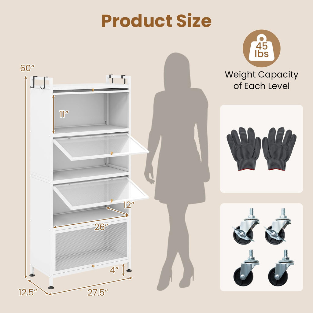 GIANTEX 5-Tier Kitchen Storage Cabinet, 4 PC Doors, Rolling Wheels, White