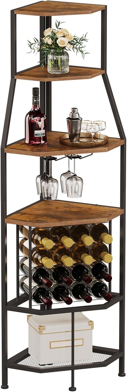 5-Tier Corner Wine Rack with Glass Holder, Floorstanding Wine Storage